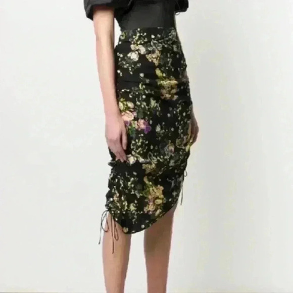 For Love and Lemons Molly Drawstring Midi Skirt Black Floral Yellow Purple S - Picture 2 of 4